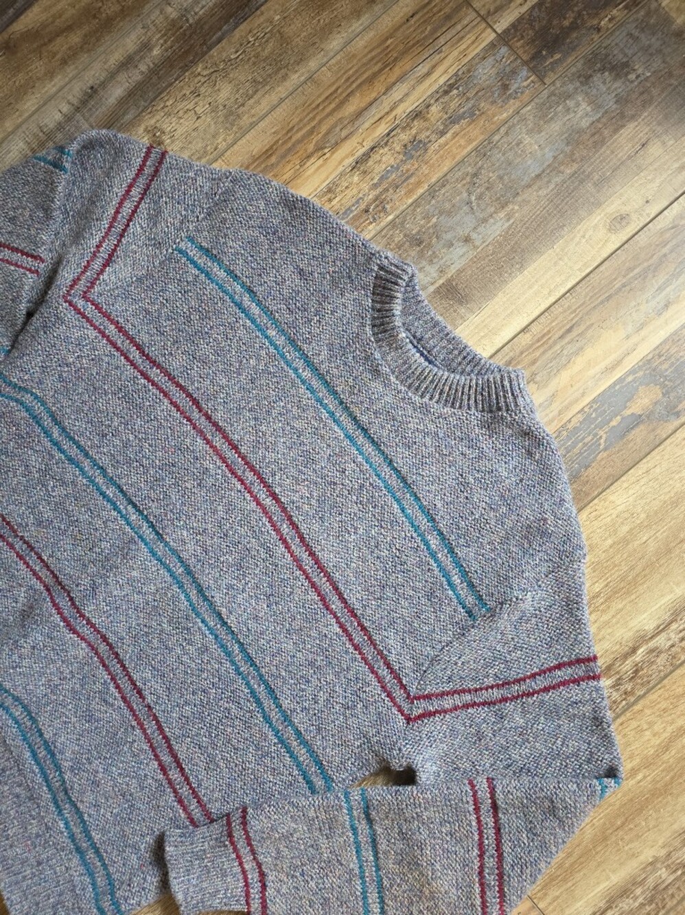 Boathouse Row - Vintage USA Wool Blend Striped Sweater - XL - Grey Teal Burgundy